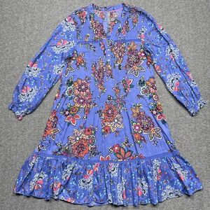 Anthropologie Dress Womens Small Blue Diana Pintucked Tunic Floral Boho Trapeze‎